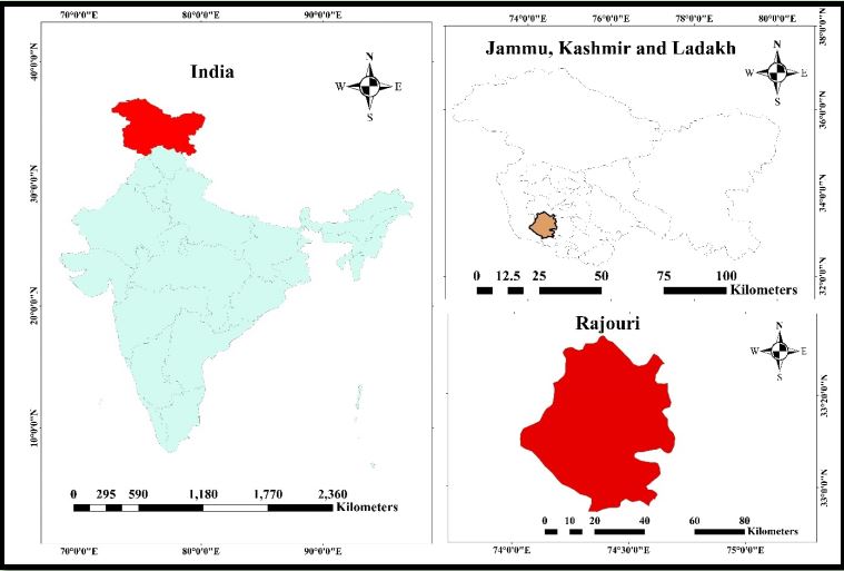 Location of District Rajouri in Jammu and Kashmir (India), highlighting the study area used for station-based meteorological analysis.
